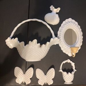 Vintage Burwood Mirror Wall Sconce Wall Pocket Basket Set Of 7 White Hobnail